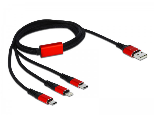 Delock USB Ladekabel 3 in 1 für Lightning / Micro-USB / USB Type-C | Rot-Schwarz 1m